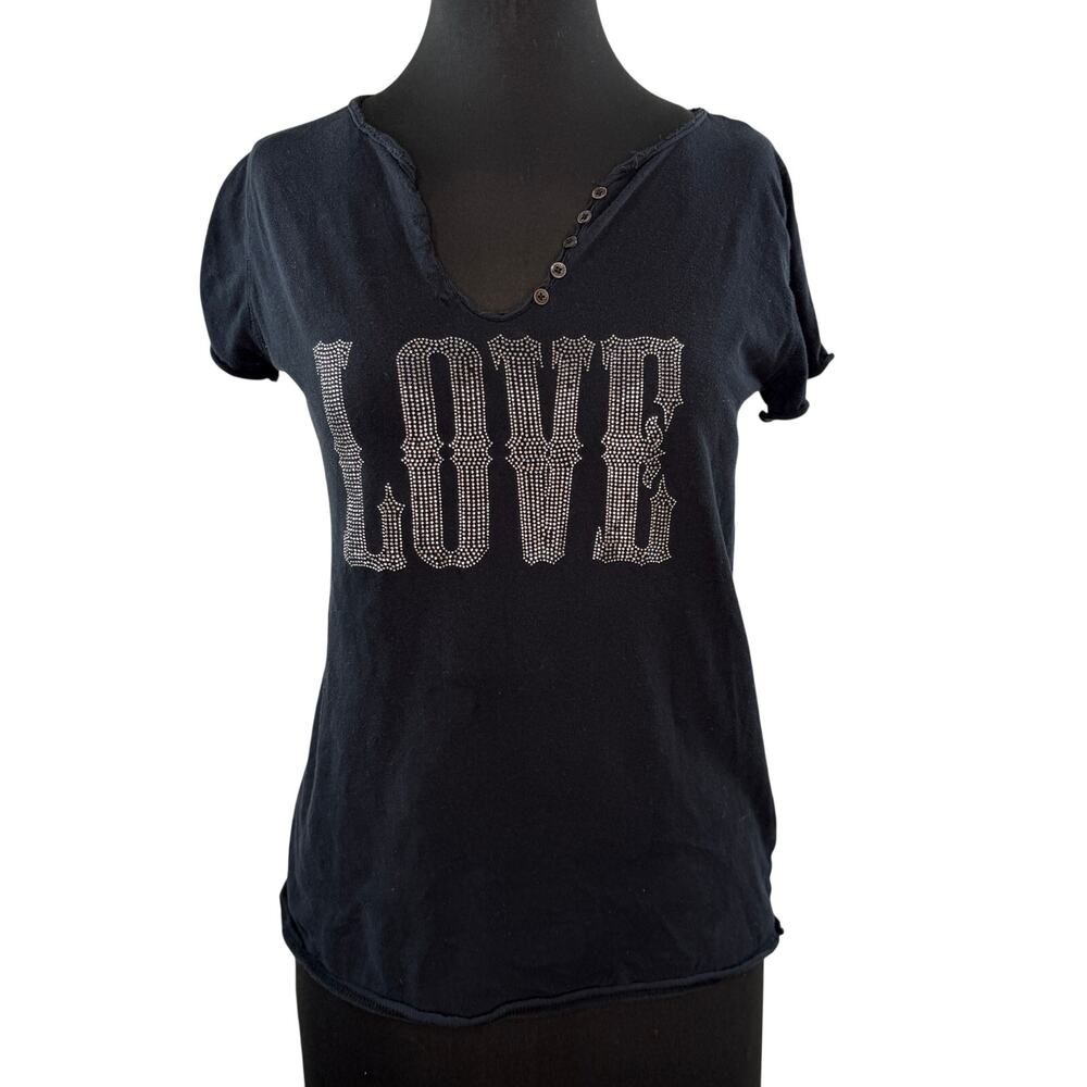 Y2K Zadig & Voltaire Black T-Shirt Love Rhinestone Button V-Neck Tee M Medium